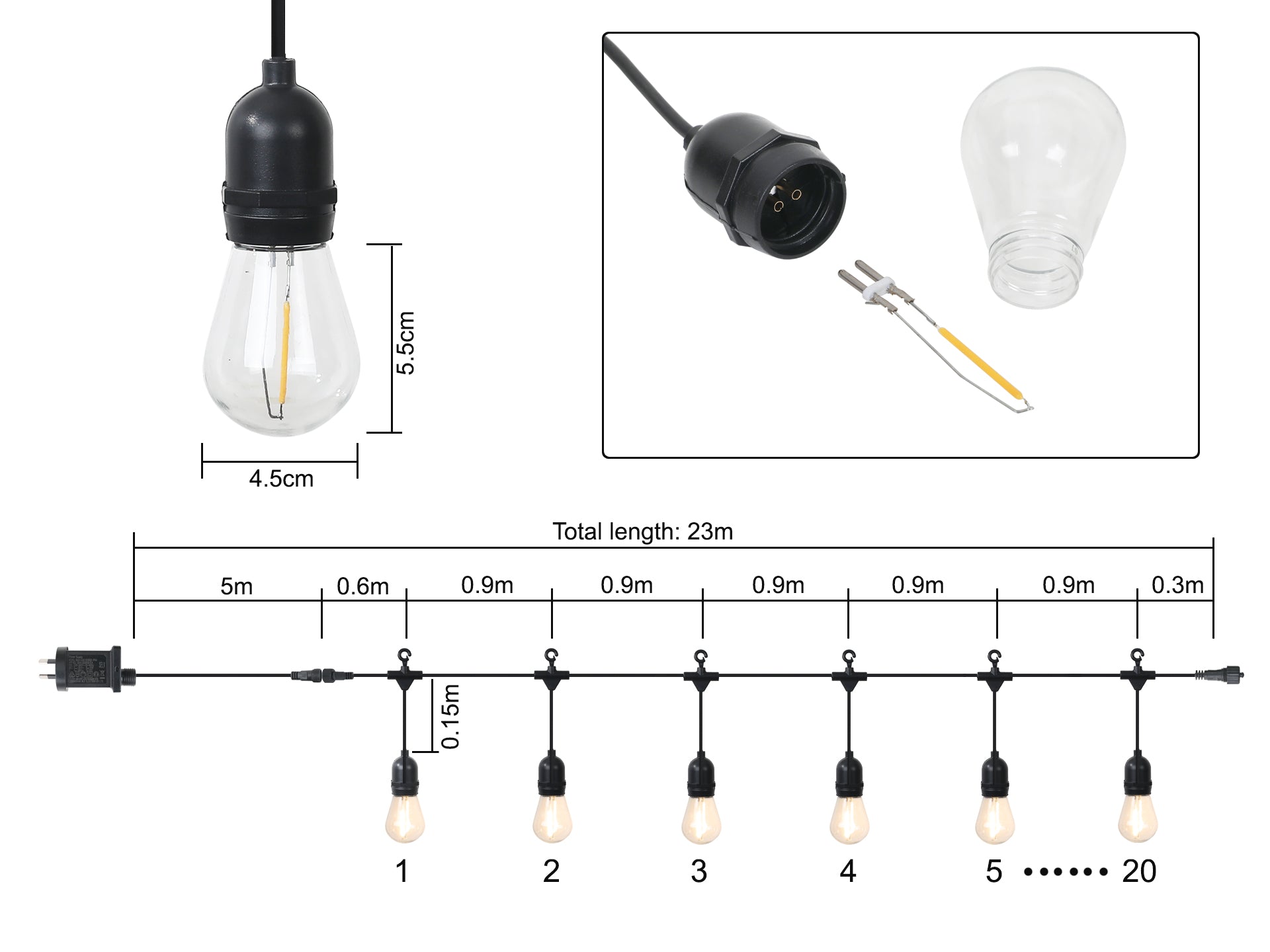 Straight Side 20 LED Festoon Lights String Lights 23M