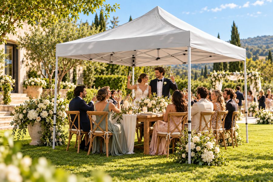 White ToughOut gazebo at a lawn wedding celebration